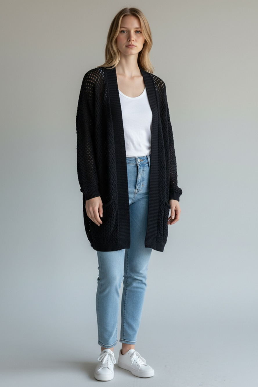 Arizona Jean Co Open Front Crochet Cardigan Size M Black Cotton